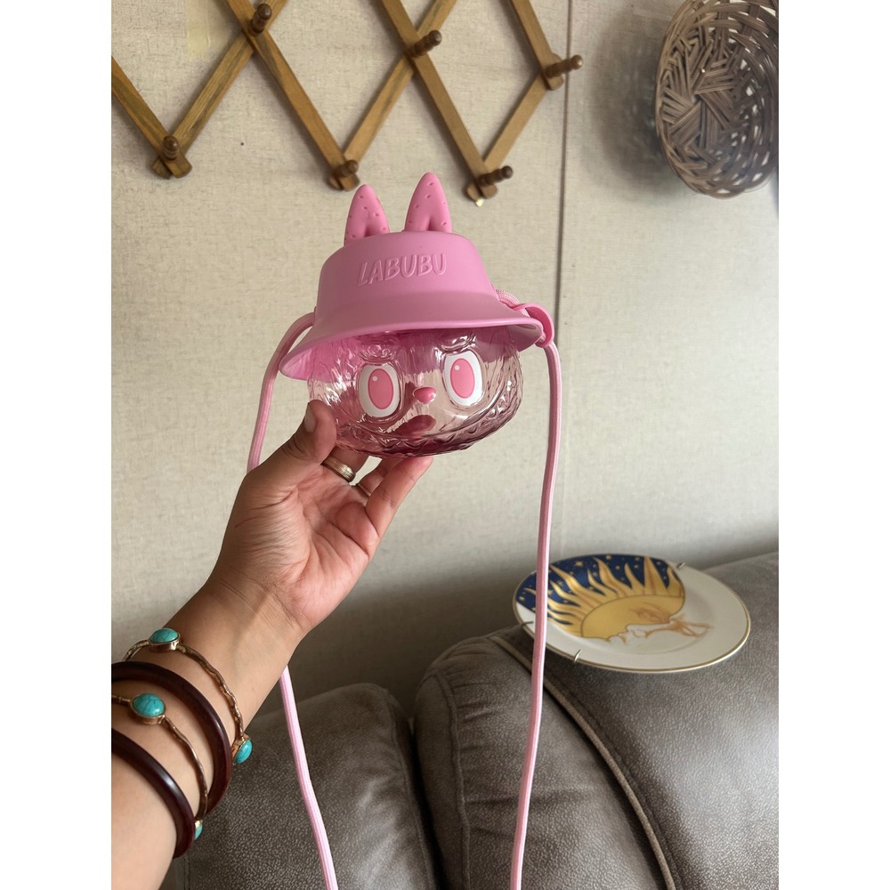 Pop Mart Labubu Pink Crossbody Bag Silicone Character Purse Kasing Lung Hat